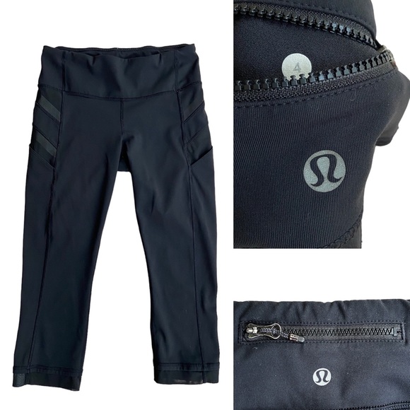 LULULEMON Black Cropped Leggings w/Side Pockets and Mesh Strip on Hem Size 4 - Picture 1 of 8